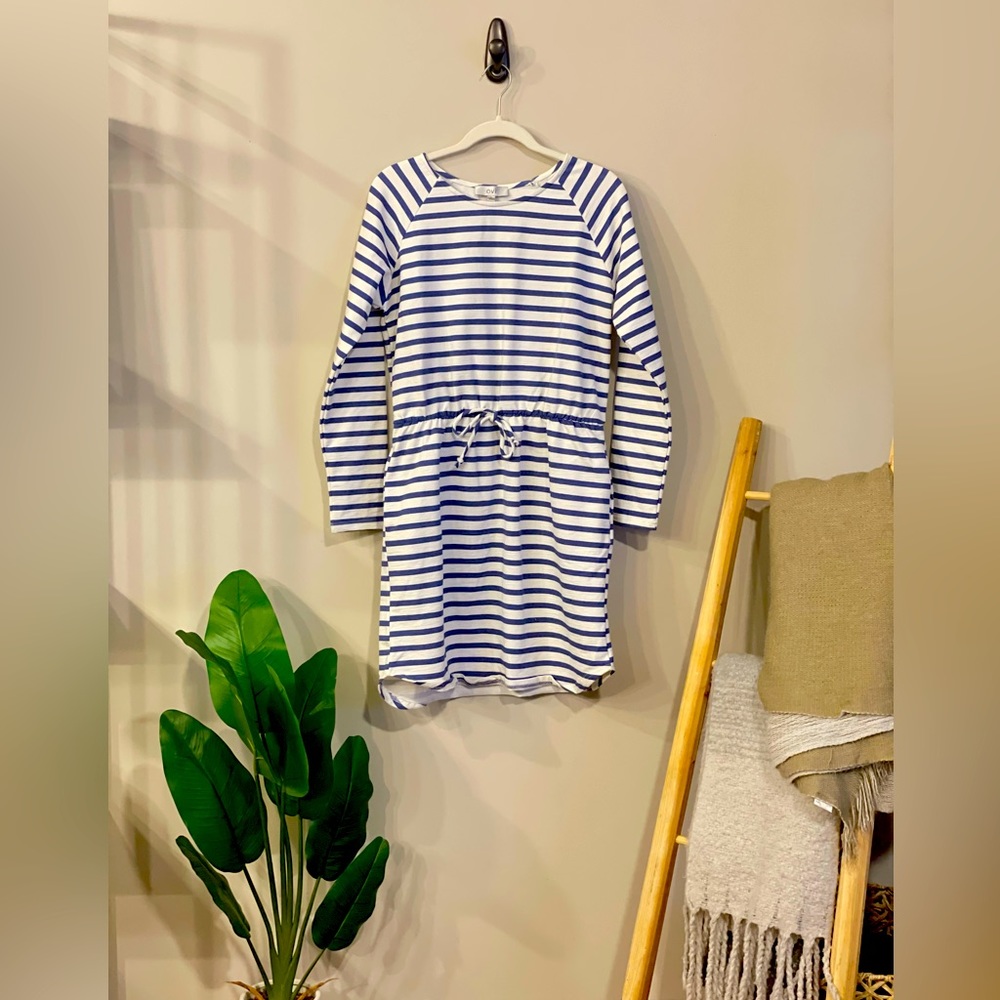 Women’s striped, long sleeve dress. Size L. Color White with Blue stripes.